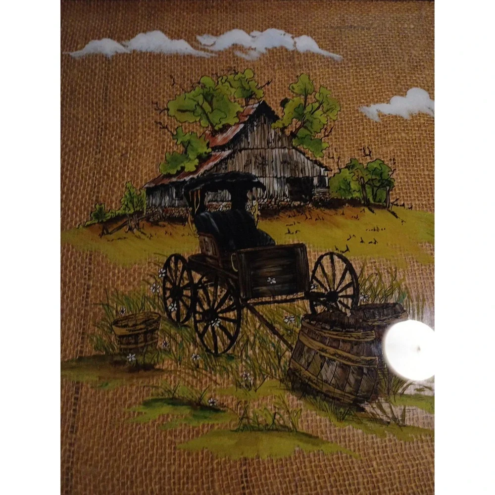 Vintage Rustic Hand Painted 1987 Folk Art with Old Wood Frame‎ Wall Hanging